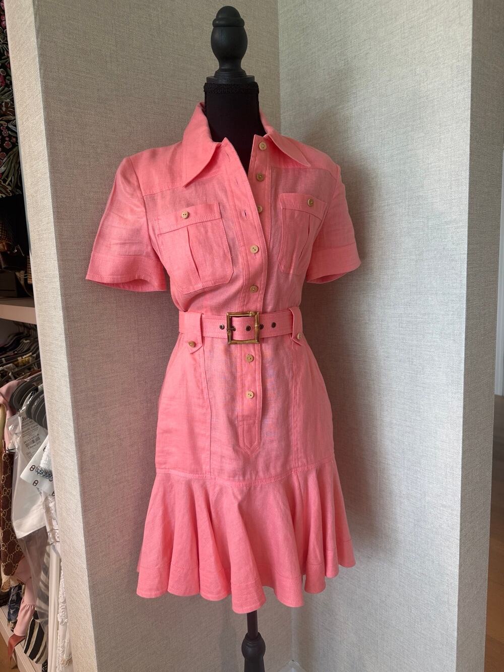 Zimmermann Poppy Pink Belted Short Sleeve Shirt Dress Size 0